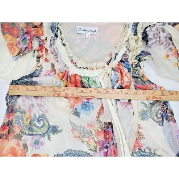 Pretty Angel Gypsy Size S Small Top Floral Lace Fringe Silk Boho Womens Shirt - Picture 5 of 8